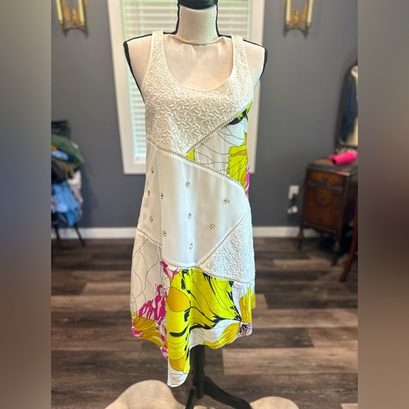 LeifNotes Anthro Dress 4 Guarri White Shift Silk Blend Floral Patchwork Asym - Picture 1 of 6